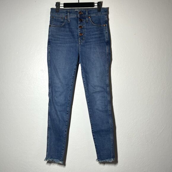 Madewell High Rise Skinny Jeans Size 27 Blue Light Wash Raw Hem Button Fly 28" - Picture 1 of 14